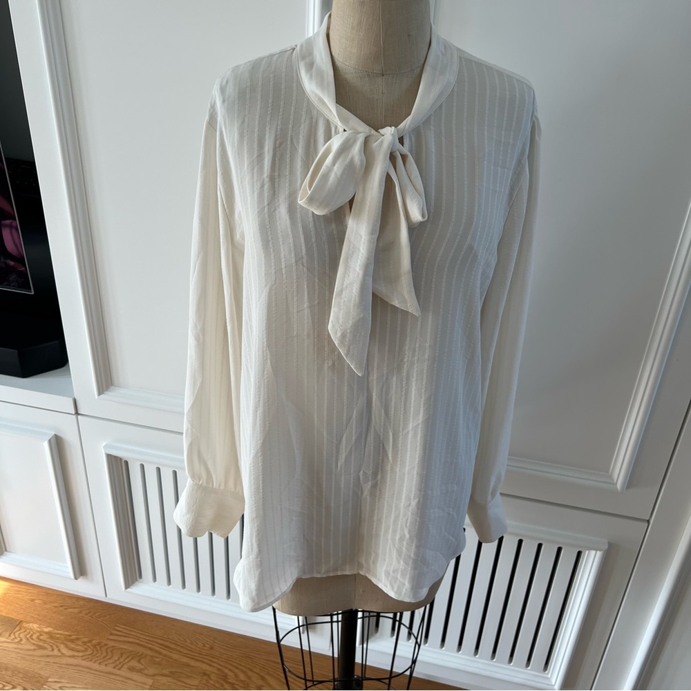 LOFT White Tie-Neck Stripped Embellished Blouse